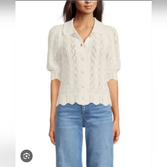 NWOT Lands' End Lace Pointelle Puff Sleeve Cardigan Sweater Size XL - Picture 7 of 7